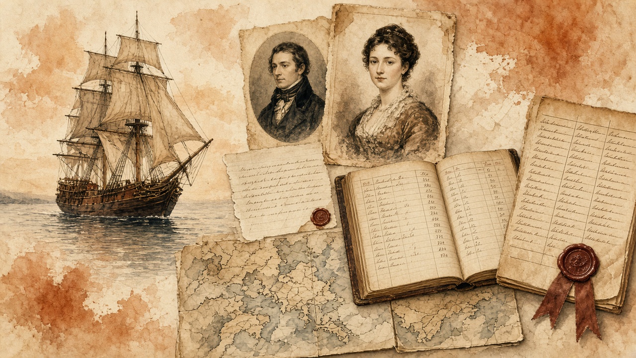 Whaling ship, letter, ledger, and map