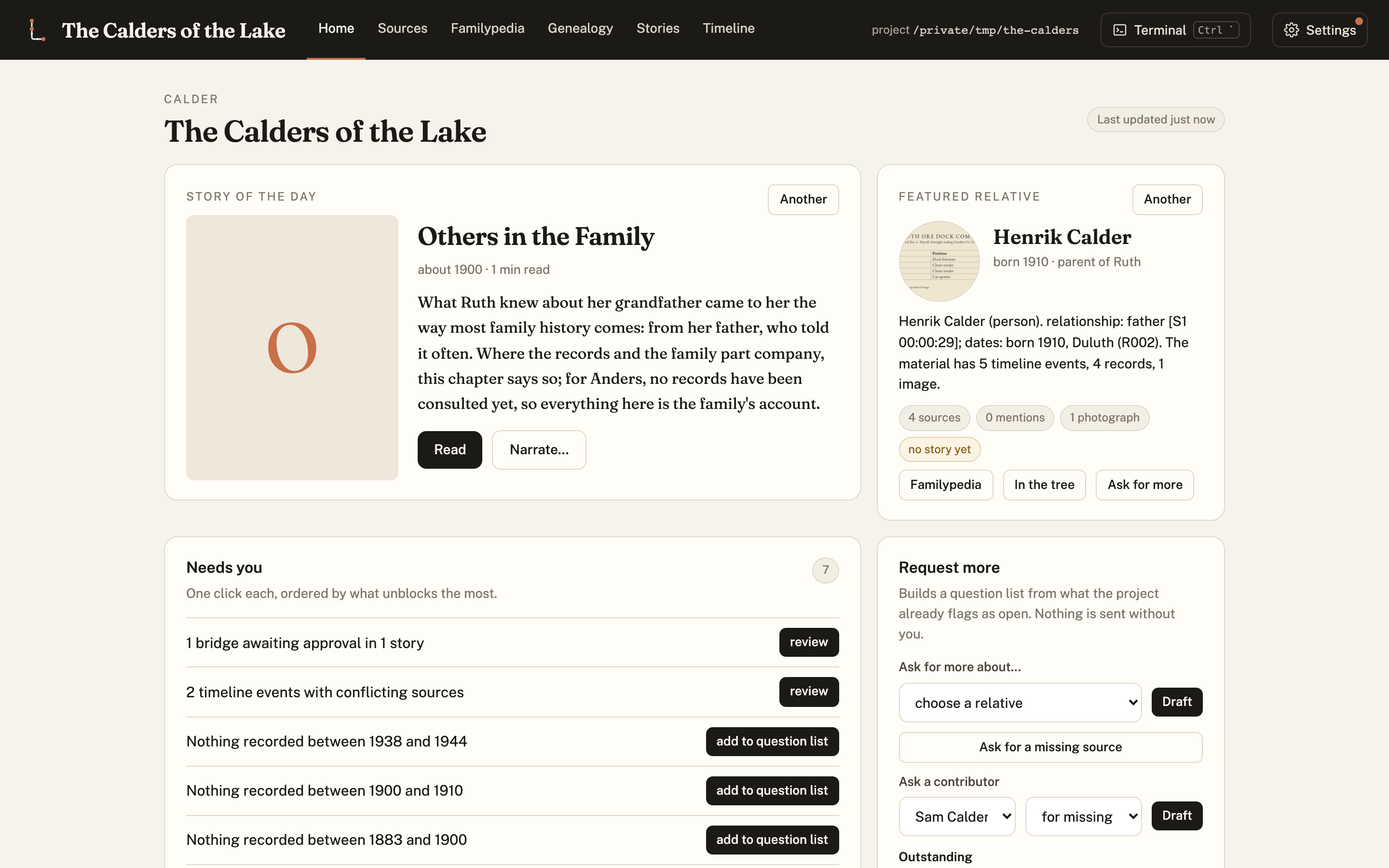 The Lineage dashboard's Home tab for an invented family, the Calders